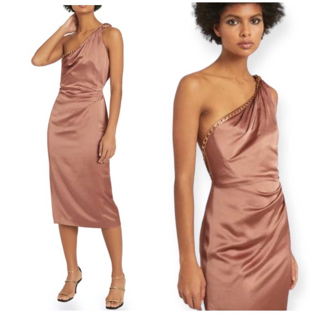 Reiss Adaline One Shoulder Drape Satin Dress With Chain
